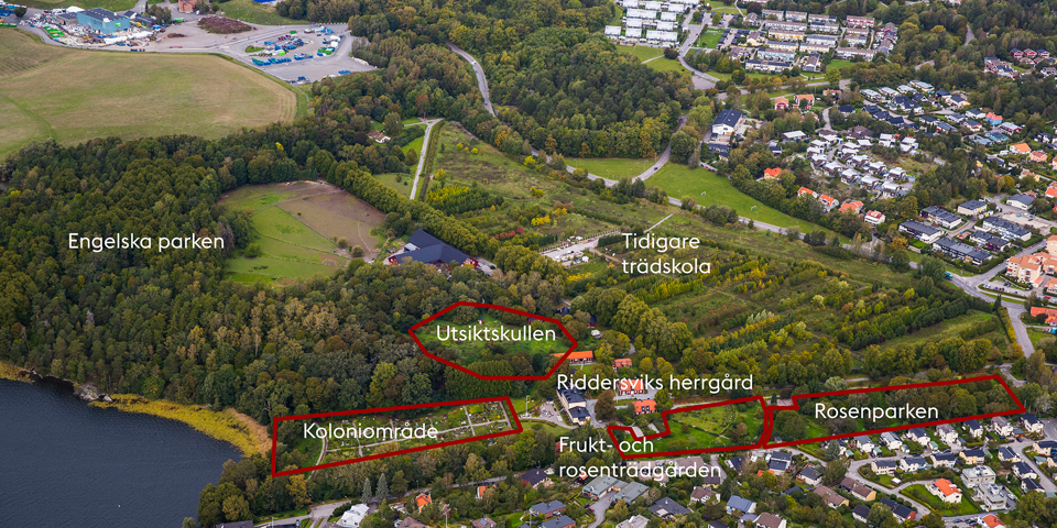 Flygbild med inritade områden som ska marksaneras i Riddersvik.